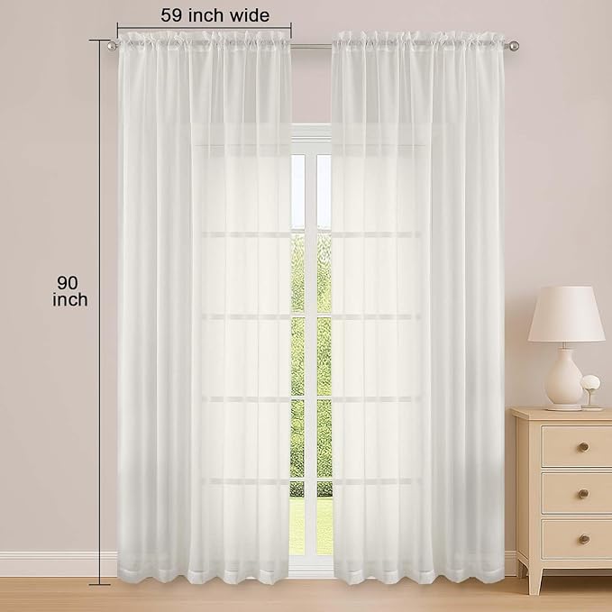 OWENIE Ivory Sheer Curtain 90 Inches Long 2 Panels Set, Solid Filmy Drapes for Living Room Bedroom, Elegant Window Voile Sheer Curtain Panels Drapes, 2 Pcs, Each 59W x 90L Inch
