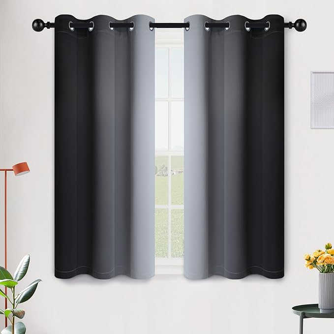 SimpleHome Ombre Room Darkening Curtains 45 inches Length for Bedroom,Grommet Gradient Light Blocking Black Gradient Window Curtains for Living Room,2 Panels, 42x45 inches