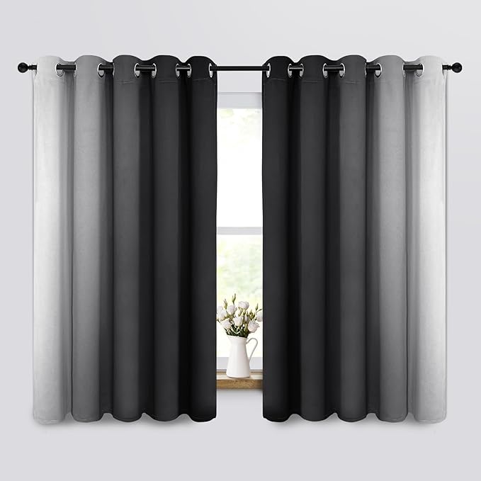 Yakamok Room Darkening Ombre Curtains 63 Inch Length, Black and Greyish White Thermal Insulated Gradient Color Curtains,Light Blocking Grommet Window Drapes for Bedroom,62 Inch Width,2 Panels