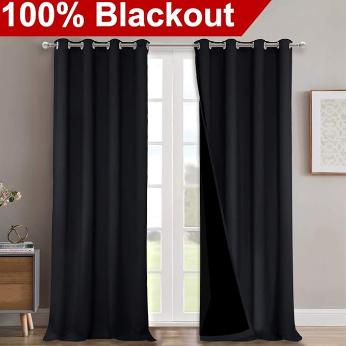 NICETOWN Cold Blocking 100% Blackout Curtains, Durable Black Lined Blackout Curtains for Bedroom, Energy Saving Long Curtains for Patio Sliding Glass Door, Black, 52 inches x 95 inches, 2 Panels