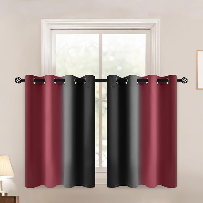 Yakamok Blackout Ombre Burgundy and Black Curtains for Bedroom, Gradient Room Darkening Curtains, Grommet Thermal Insulated Light Blocking Window Drapes/Curtain for Living Room,52 x 36 Inch,2 Panels