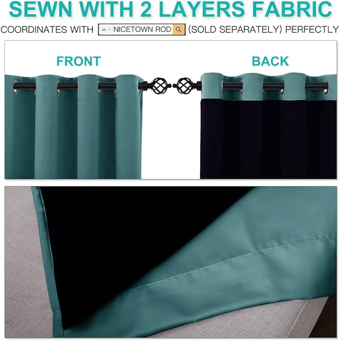 NICETOWN Small 100% Blackout Curtains with Black Liners, Thermal Insulated 2-Layer Lined Drapes, Energy Efficiency Window Draperies for Dining Room (Sea Teal, 2 Panels, 52-inch W by 45-inch L)