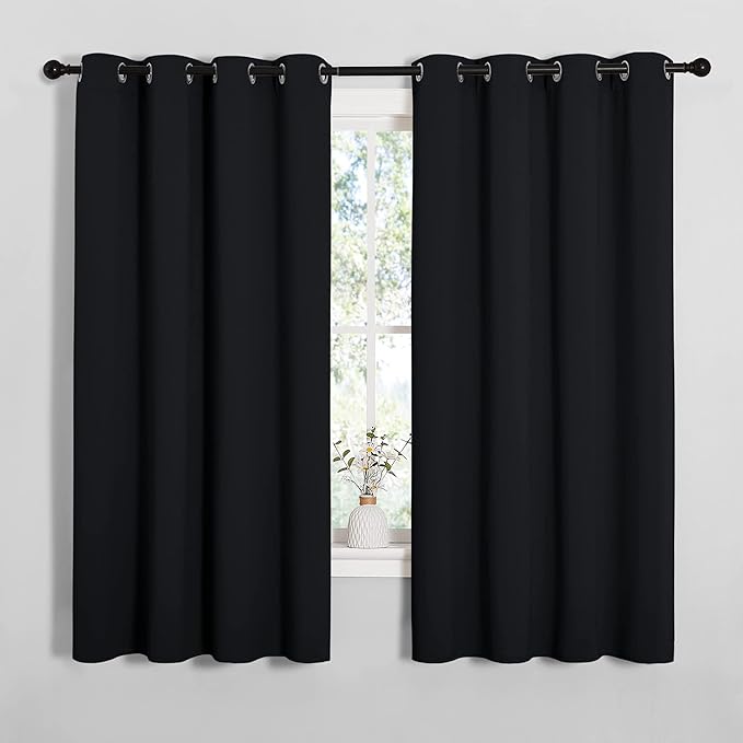 NICETOWN Bathroom Blackout Curtains and Drapes, Black Solid Thermal Insulated Grommet Blackout Drapery Panels for Window (2 Panels, 55 inches Wide by 68 inches Long, Black)