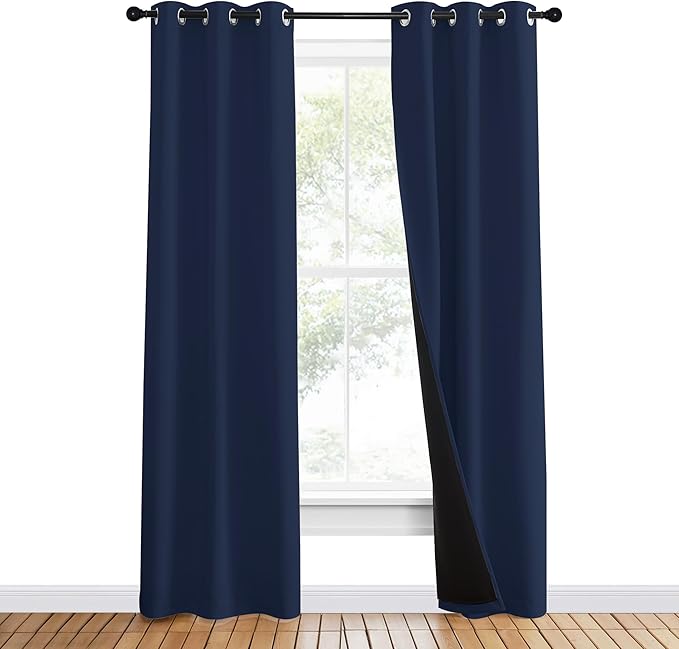 NICETOWN 100% Blackout Curtain Set, Thermal Insulated & Energy Efficiency Window Draperies for Guest Room, Full Shading Panels for Shift Worker and Light Sleepers, Navy Blue, 37W x 80L, 2 PCs