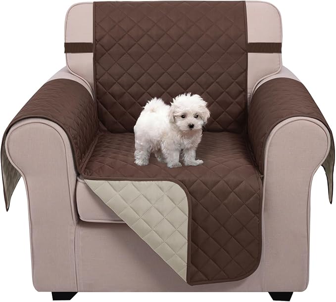 U-NICE HOME Reversible Oversized Chair Covers Quilted Water Repellent Pet Protectors with Elastic Straps(28''Armchair, Coffee/Beige)