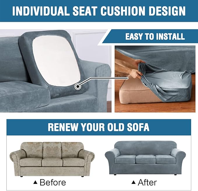 H.VERSAILTEX Rich Velvet Stretch 2 Piece Cover Chair Slipcover Sofa Cover Furniture Protector Couch Soft with Elastic Bottom Chair Couch Cover with Arms Width Up to 49 Inch(Chair, Stone Blue)