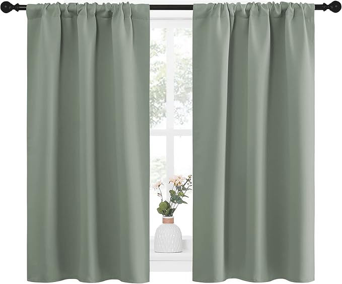 NICETOWN Window Curtains Blackout Drapes - Thermal Insulated Solid Rod Pocket Blackout Curtains/Draperies for Living Room (Greyish Green, One Pair, 34 by 45-Inch)
