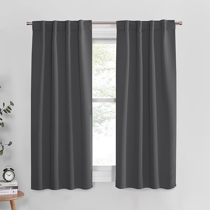 PONY DANCE Short Length Curtains for Kitchen, Solid Window Curtain Tiers for Bathroom Energy Saving Privacy Shade for RV Camper (2 Panels, Grey, 34x45 Inch)