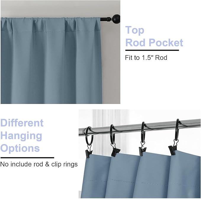 Simplebrand Ava Blackout Curtains for Patio 108 Inches Long 2 Panels Set, Solid Thermal Insulated Room Darkening Rod Pocket Window Treatment Curtains Blackout Drapes, W50 x L108 Inch, Stone Blue