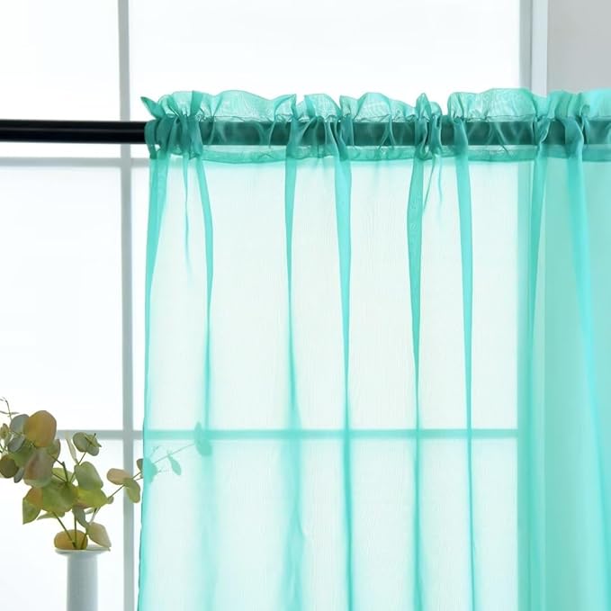 SpaceDresser Sheer Voile Window Treatment Rod Pocket Curtain Panels for Kitchen Bedroom Living Room Drapes Sunlight Filtering Privacy Semi Home Decor Assorted Colors Sizes (Turquoise, 52 W x 72 L)