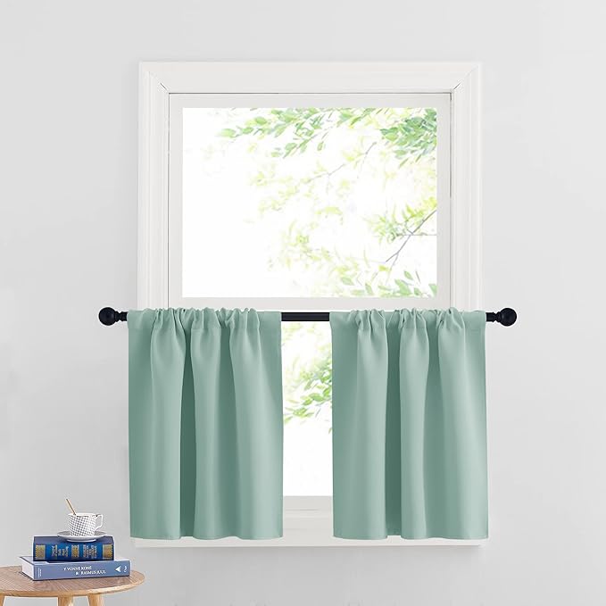 RYB HOME Cafe Blackout Curtains 24 inch Length, RV Curtains for Camper Windows, Mini Short Small Insulating Light UV Heat Blocking Privacy Half Window Tiers, Width 29 by Length 24, Aqua, 2 Panels