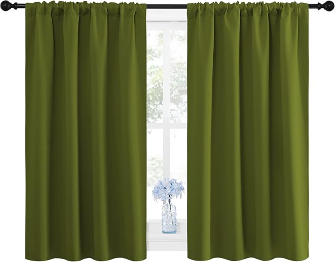 NICETOWN Window Curtains Blackout Drapes, Thermal Insulated Solid Rod Pocket Blackout Draperies for Living Room (1 Pair, 42 by 45 inches, Olive Green)