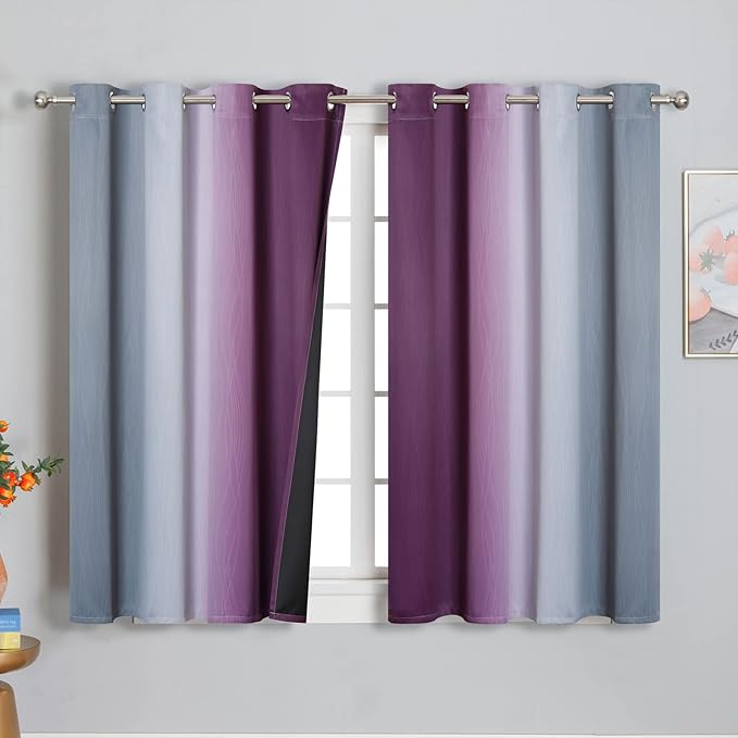 Purple and Grey Blackout Curtains 54 Inches Long,Ombre and Wavy Line Pattern 100% Blackout Curtains for Bedroom,Full Light Blocking Grommet Thermal Insulated Drapes for Kids Room, 52x54 Inch, 2 Panels