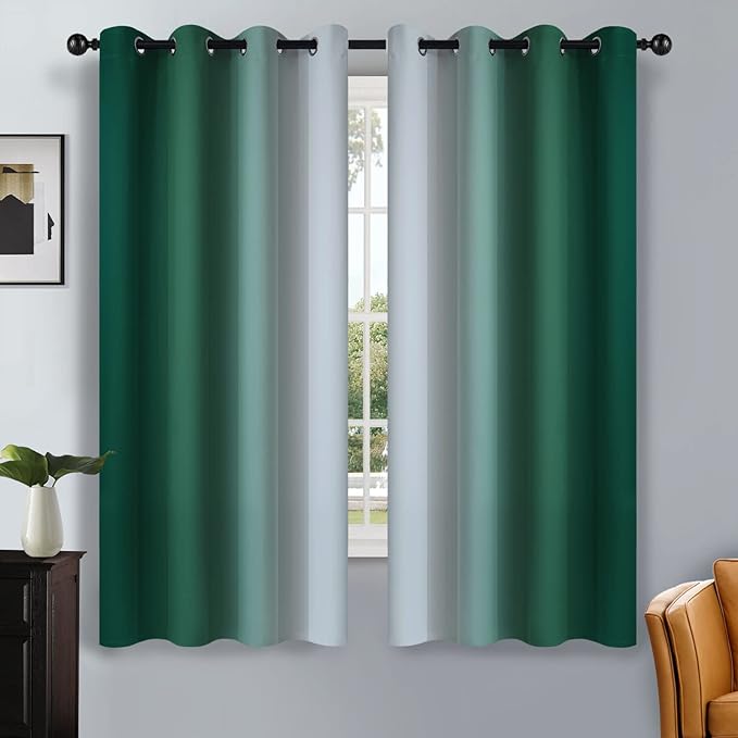 SimpleHome Ombre Room Darkening Curtains for Bedroom, Gradient Dark Green to Grey White Light Blocking Thermal Insulated Grommet Window Curtain/Drapes for Living Room,2 Panels, 52x63 inches Length