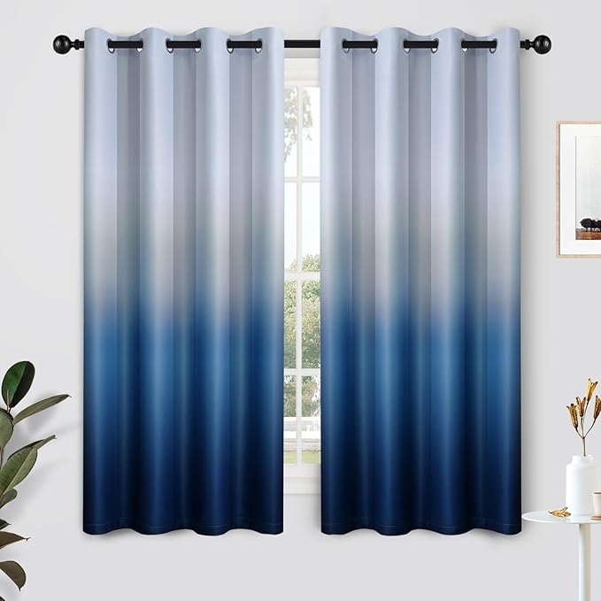 SimpleHome Ombre Curtains 52 x 63 Inch for Bedroom 2 Panels, Gradient Grey White to Blue Light Blocking Thermal Insulated Grommet Room Darkening Window Curtain/Drapes for Living Room