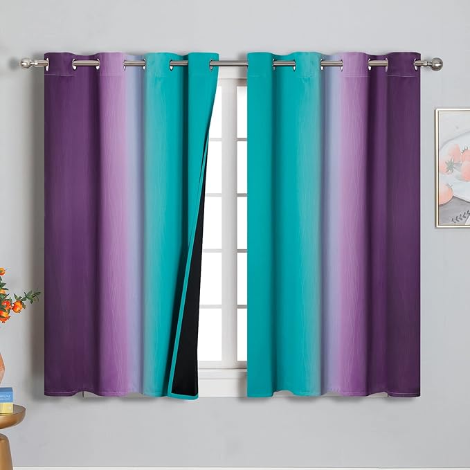 Estelar Textiler Ombre Teal and Purple Blackout Curtains 54 Inch Length 2 panels, Grommet Thermal Insulated Gradient Drapes for Kids Room, Full Light Blocking Blackout Curtains for Bedroom, 52x54 Inch