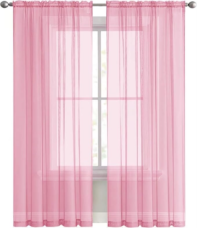 SpaceDresser Sheer Voile Window Treatment Rod Pocket Curtain Panels for Kitchen Bedroom Living Room Drapes Sunlight Filtering Privacy Semi Home Decor Assorted (Light Pink, 52 W x 84 L)