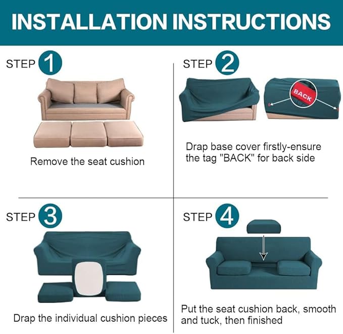 Turquoize 4 Piece Sofa Covers for 3 Cushion Couch Sofa Slipcover Soft Couch Cover for Dogs-Washable Sofa Furniture Covers with 3 Individual Cushion Covers, Jacquard Fabric (3 Cushion Sofa, Deep Teal)