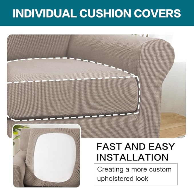 Turquoize 2 Piece Chair Covers Chair Slipcovers for Living Room Armchair Couch Cover Chair Sofa Cover with Individual Cushion Covers Furniture Cover for Chairs Feature Jacquard Fabric (Chair, Sand)
