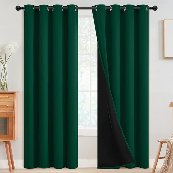 SimpleHome 100% Blackout Curtains for Bedroom,Thermal Insulated Grommet Window Drapes Room Darkening Dark Green Curtains for Living Room with Black Back,52 x 96 Inch,2 Panels