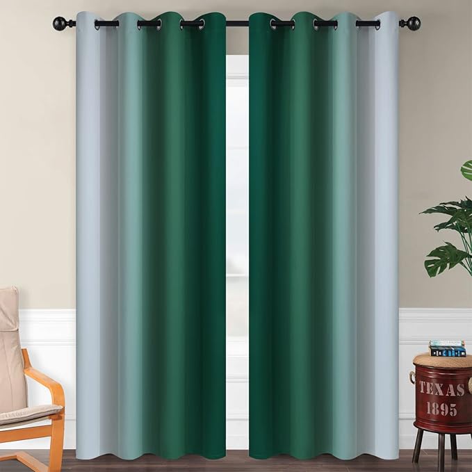 SimpleHome Ombre Room Darkening Curtains for Bedroom, Gradient Dark Green to Grey White Light Blocking Thermal Insulated Grommet Window Curtain/Drapes for Living Room,2 Panels, 52x84 inches Length