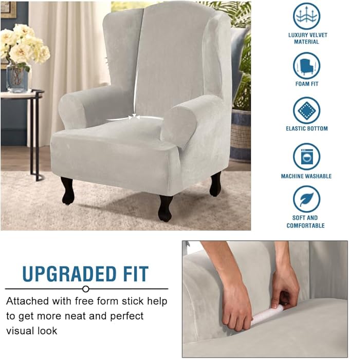 H.VERSAILTEX Wingback Chair Covers Velvet Plush Wing Chair Slipcover 1 Piece High Stretch Wing Back Chair Slipcovers Sofa Cover Furniture Cover with Elastic Bottom, Oatmeal