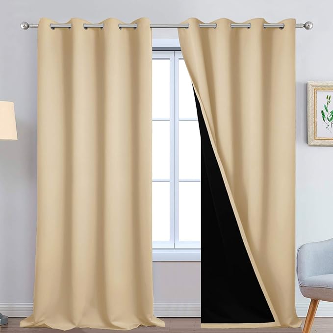 Yakamok 108 Inches Long Thermal Insulated 100% Blackout Curtains for Bedroom with Black Liner, Double Layer Full Room Darkening Noise Reducing Grommet Drapes for Living Room(52Wx108L, Beige, 2 Panels)
