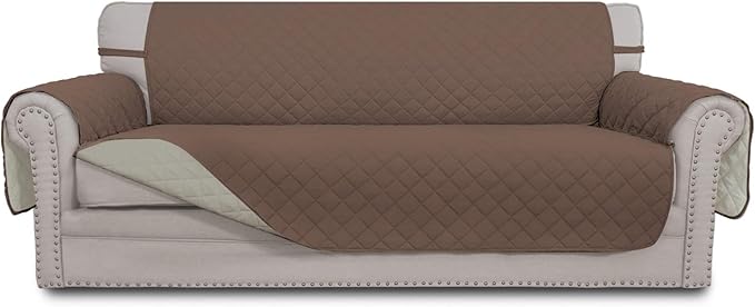 Easy-Going Reversible Couch Cover for 3 Cushion Couch Sofa Cover for Dogs Water Resistant Furniture Protector Cover with Foam Sticks Elastic Straps for Pet Cat (Sofa, Brown/Beige)