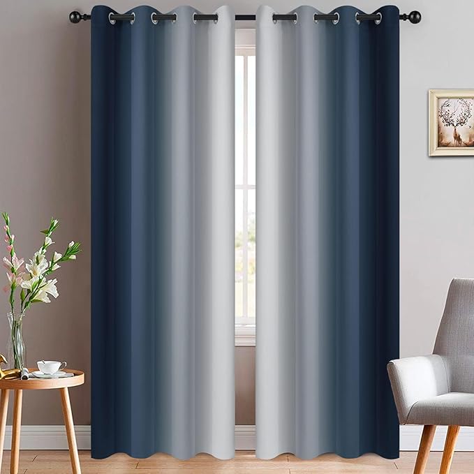 Yakamok Room Darkening Ombre Curtains 90 Inch Length, Navy Blue and Greyish White Thermal Insulated Gradient Color Curtains,Light Blocking Grommet Window Drapes for Bedroom,52 Inch Width,2 Panels