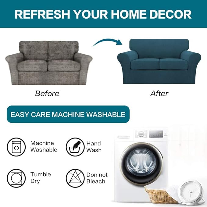 Turquoize 3 Piece Sofa Covers for 2 Cushion Couch Sofa Slipcover Soft Couch Cover for Dogs-Washable Sofa Furniture Covers with 2 Individual Cushion Covers, Thick Jacquard Fabric (Loveseat, Deep Teal)
