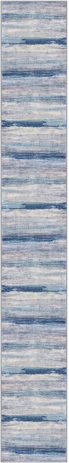 KOZYFLY Modern Abstract Washable Long Rug Runner 2.6x18 Hallway Rug Runner Non-Slip Soft Stair Runners, Blue/Grey/Beige Striped 18 feet Runner Rug for Kitchen Entryway Bathroom Foyer