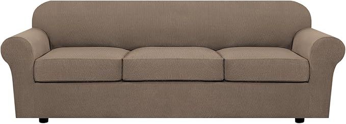 H.VERSAILTEX 4 Piece Stretch Sofa Covers for 3 Cushion Couch Covers for Living Room Furniture Slipcovers (Base Cover Plus 3 Seat Cushion Covers) Thicker Jacquard Fabric (Large Sofa, Macchiato)