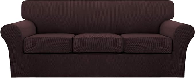 Turquoize 4 Piece Sofa Covers for 3 Cushion Couch Sofa Slipcover Soft Couch Cover for Dogs Washable Furniture Cover with 3 Individual Large Cushion Covers Feature Fabric (Large Sofa, Brown)