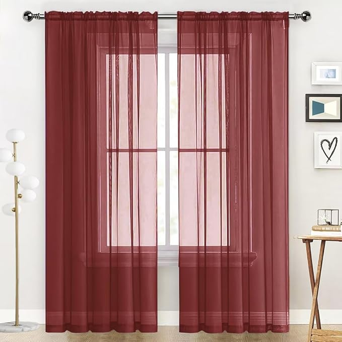 SpaceDresser Sheer Voile Window Treatment Rod Pocket Curtain Panels for Kitchen Bedroom Living Room Drapes Sunlight Filtering Privacy Semi Home Decor Assorted Colors Sizes (Burgundy, 52 W x 45 L)