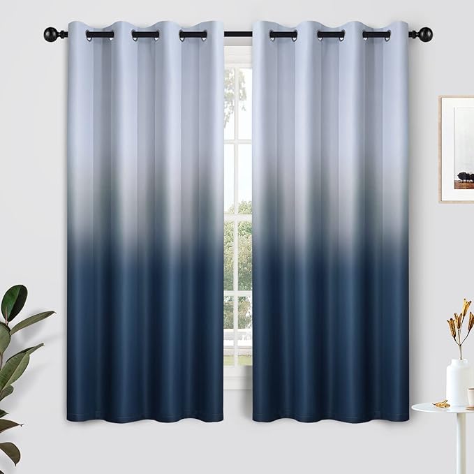 SimpleHome Ombre Curtains 52 x 63 Inch for Bedroom 2 Panels, Gradient Grey White to Navy Blue Light Blocking Thermal Insulated Grommet Room Darkening Window Curtain/Drapes for Living Room