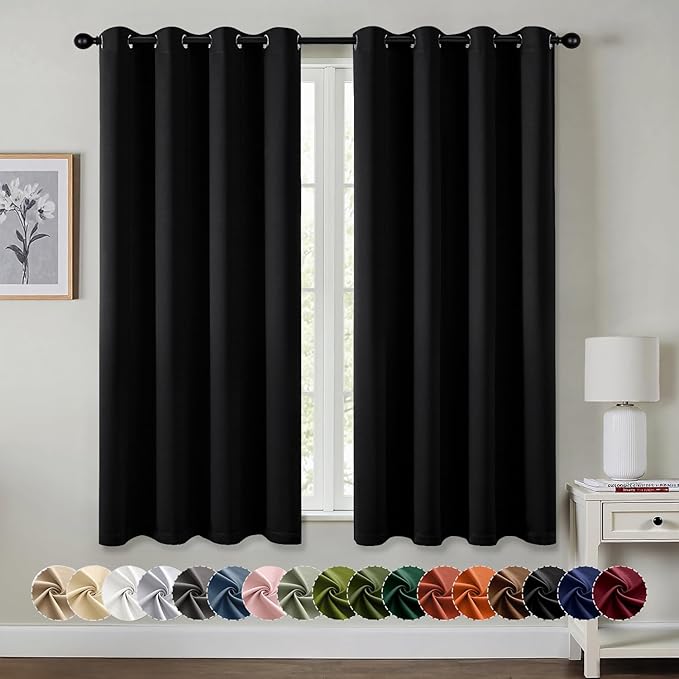 MIULEE Black Blackout Curtains for Bedroom Living Room 63 Inches Long 2 Panels, Thermal Insulated Room Darkening Drapes Solid Grommet Noise Reduction Light Blocking Window Treatments 50x63 Inch