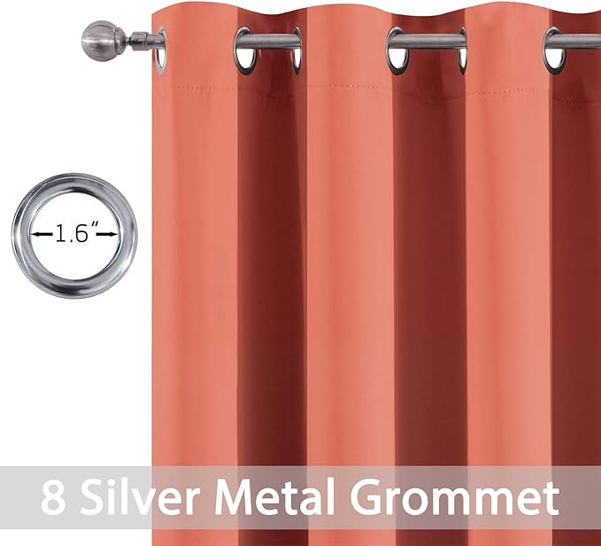 Yakamok Curtains 63 Inch Length Coral Orange Room Darkening Blackout Thermal Insulated Drapes Solid Grommet Top Window Curtain Panels for Girls' Bedroom (52x63 Inch, Coral Orange, One Pair)