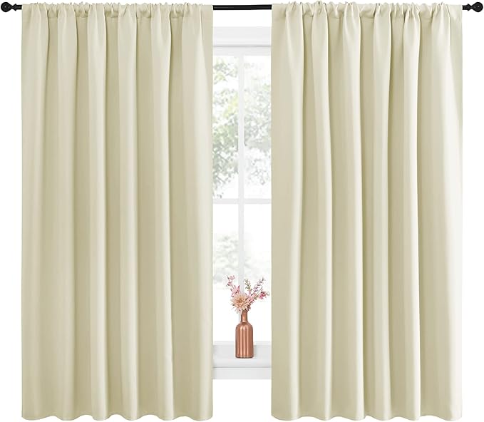 NICETOWN Blackout Curtains for Bedroom, Home Decorations Thermal Insulated Solid Rod Pocket Blackout Drapes for Cafe (Beige, One Pair, 70 x 63-inch)