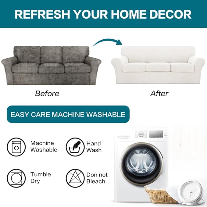 Turquoize 4 Piece Sofa Covers for 3 Cushion Couch Sofa Slipcover Soft Couch Cover for Dogs-Washable Sofa Furniture Cover with 3 Individual Cushion Covers (3 Cushion Sofa, Porcelain)