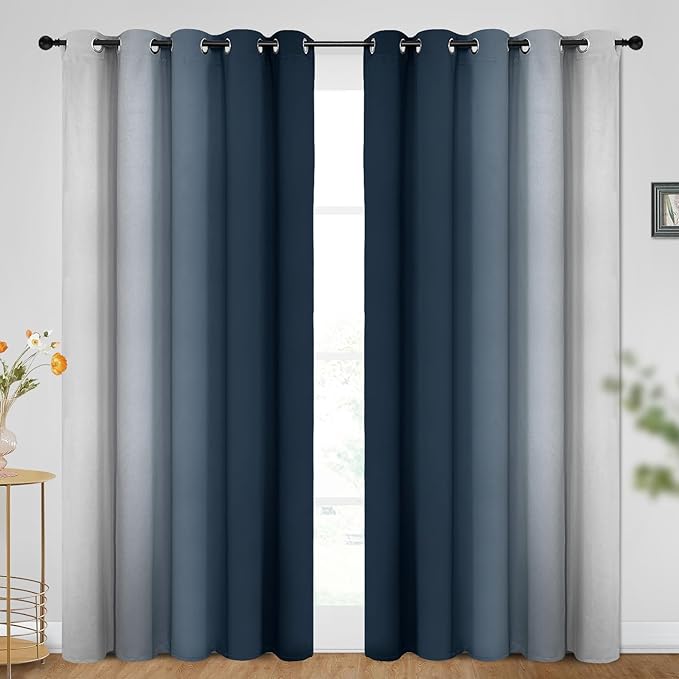 SimpleHome Ombre Room Darkening Curtains for Bedroom, Gradient Navy Blue to Grey White Light Blocking Thermal Insulated Grommet Window Curtain/Drapes for Living Room,2 Panels, 70x84 inches Length