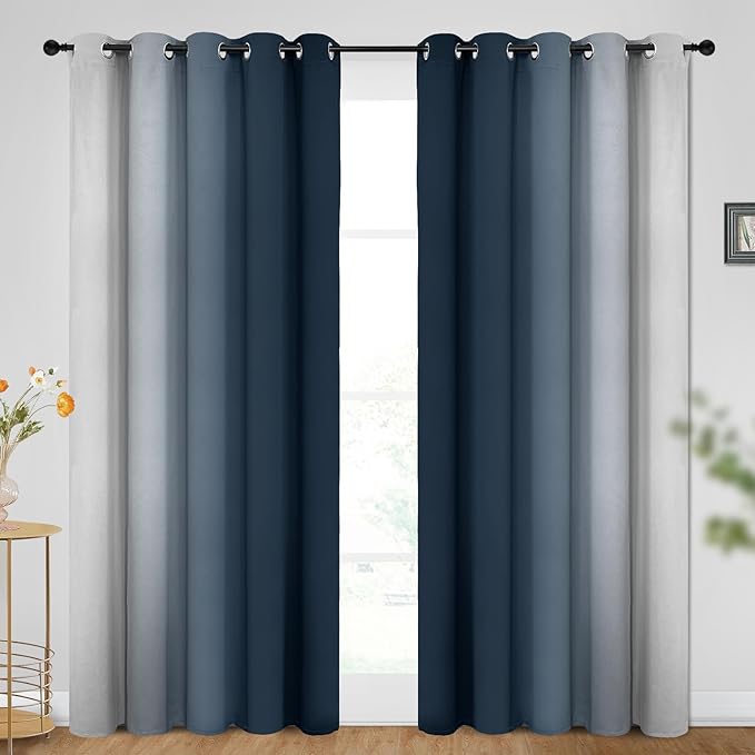 SimpleHome Ombre Room Darkening Curtains for Bedroom, Gradient Navy Blue to Grey White Light Blocking Thermal Insulated Grommet Window Curtains/Drapes for Living Room,2 Panels, 62x84 inches Length