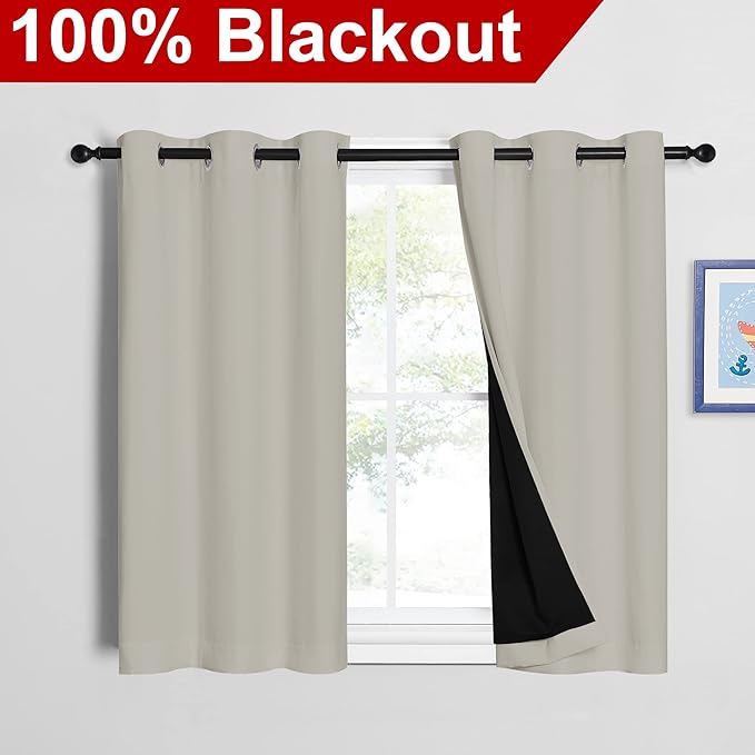 NICETOWN Natural 100% Blackout Curtains 45 inches Long, 2 Thick Layers Completely Blackout Window Treatment Thermal Insulated Lined Drapes for Small Window (1 Pair, 42 inches Width Each Panel)
