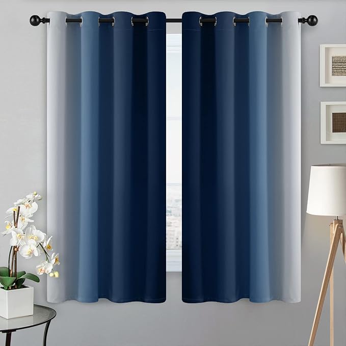 SimpleHome Ombre Room Darkening Curtains for Living Room, Light Blocking Gradient Blue to Greyish White Thermal Insulated Grommet Window Curtains/Drapes for Bedroom, 2 Panels, 52x63 inches Length