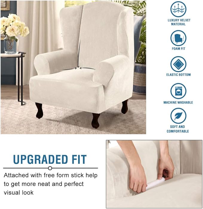 H.VERSAILTEX Wingback Chair Covers Velvet Plush Wing Chair Slipcover 1 Piece High Stretch Wing Back Chair Slipcovers Sofa Cover Furniture Cover with Elastic Bottom, Ivory