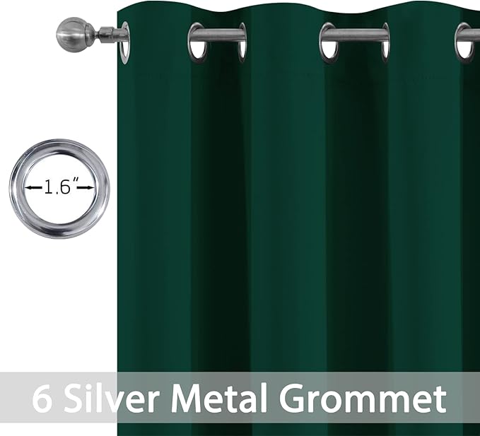 Yakamok Dark Green Blackout Curtains for Bedroom, Room Darkening Thermal Insulated Grommet Window Curtains, Light Blocking Blackout Drapes for Living Room, 38Wx72L inch,2 Panels