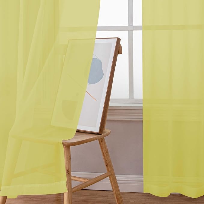 Chyhomenyc Sheer Lemon Curtains 90 inches Long 2 Panels, Light Filtering Soft Airy Solid Elegant Voile Window Treatment Drapes for Bedroom Living Room, 42Wx90L Inches