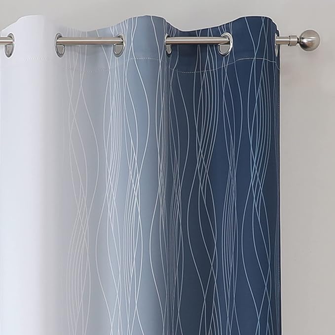 Estelar Textiler Full Room Darkening Greyish White and Navy Blue Blackout Curtains 72 Inch Length 2 Panels Set, Ombre Thermal Insulated Light Blocking Grommet Blackout Drapes for Bedroom, 42Wx72L