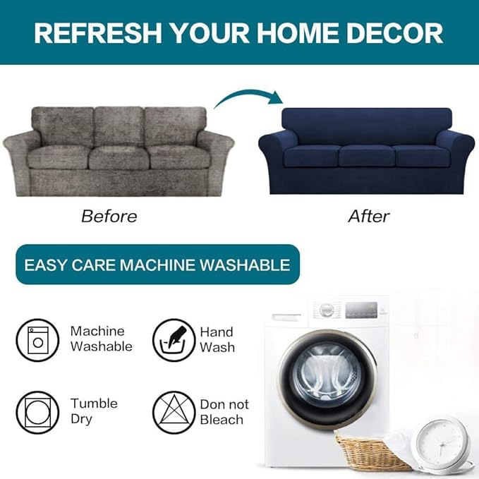 Turquoize 4 Piece Sofa Covers for 3 Cushion Couch Sofa Slipcover Soft Couch Cover for Dogs Washable Furniture Cover with 3 Individual Large Cushion Covers Feature Fabric (Large Sofa, Navy)