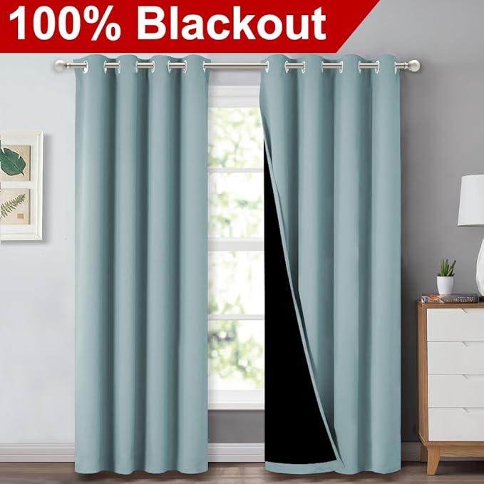 NICETOWN 100% Blackout Curtains 84 inches Long, Sky Blue, 52 inches Wide, Pair of Energy Smart & Noise Blocking Out Drapes for Baby Room Window, Thermal Insulated Guest Room Lined Window Dressing