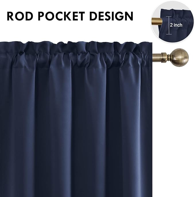 DWCN Blackout Curtains for Living Room Thermal Insulated, Energy Saving & Noise Reducing Bedroom Curtains, Navy, W 70x L 72 Inch, Set of 2 Rod Pocket Curtain Panels